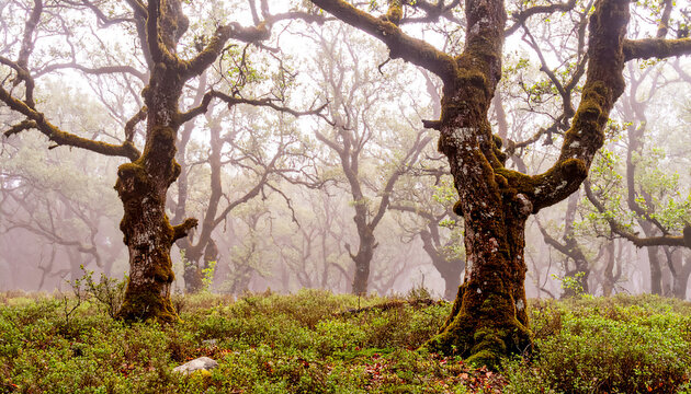 Mysterious forest with twisted ancient trees covered in moss and surrounded by dense fog, the eerie woodland. Concept of mystery, fantasy, fear, solitude, and untouched nature
