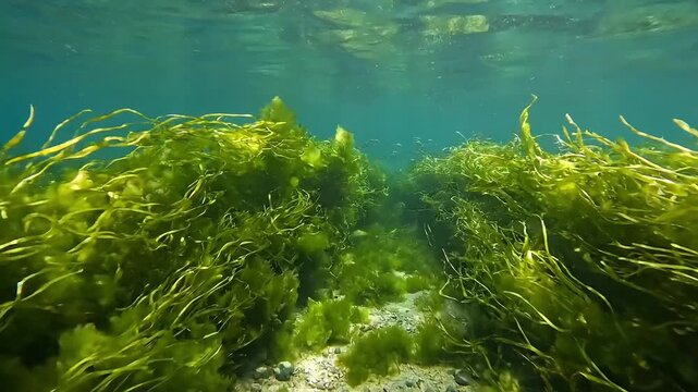 Underwater scene with vibrant green seaweed swaying gently in ocean currents