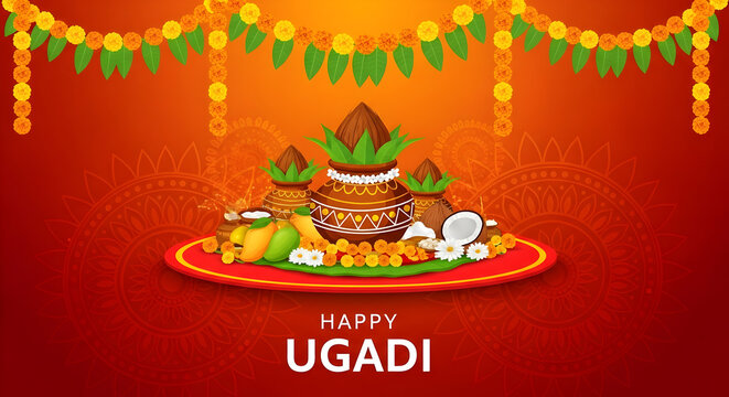 Happy Ugadi - poster template design including Kalash, banana leaf, green mango, flowers, rangoli and diya
