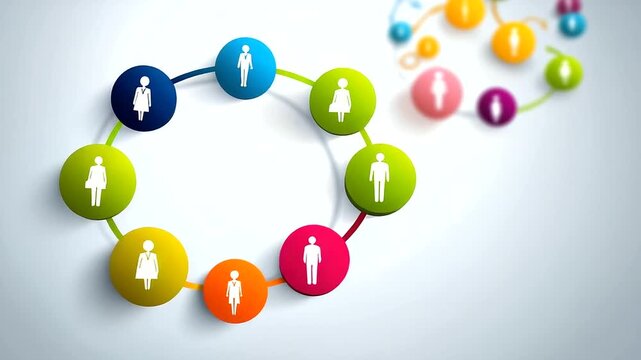 Colorful diagram of company hierarchy with stylized people icons in circular nodes, flowchart layout formation, role titles and directional arrows, with copy space