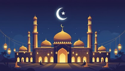 Mosque at Night with Crescent Moon.