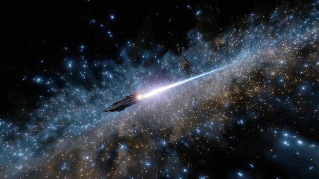 Cosmic Voyage: A lone vessel embarks on an interstellar journey, streaking through the vast expanse of space, leaving a luminous trail amidst a glittering galaxy. 