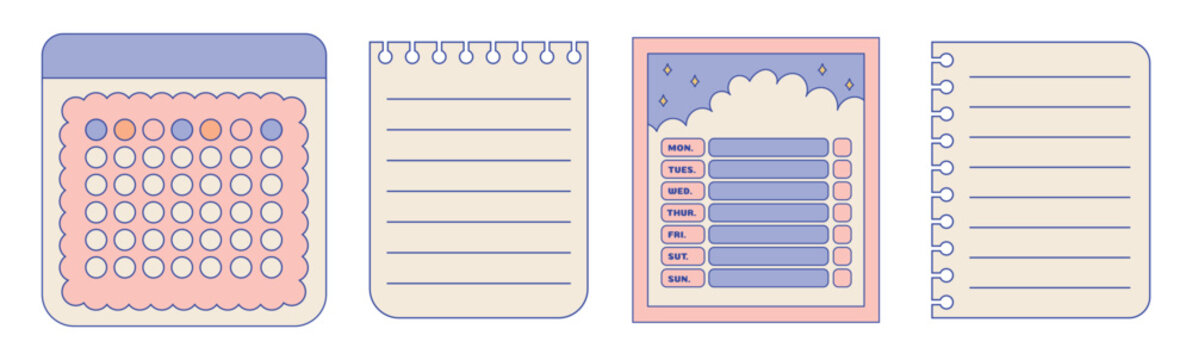 Cute Note papers and Calendar stickers for digital journaling or Planner. Kawaii purple style set