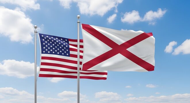 Flag day celebration with american and alabama state flags waving