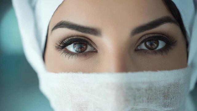 Beauty in Modesty: A close-up portrait of a woman, her captivating eyes reflecting a deep inner peace. Her traditional attire hints at rich culture and faith.