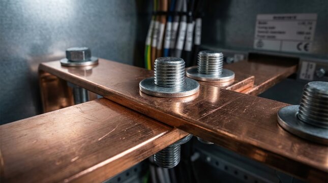 Extreme Close-up of Copper Busbars and Electrical Connections Inside Industrial Power Distribution Cabinet