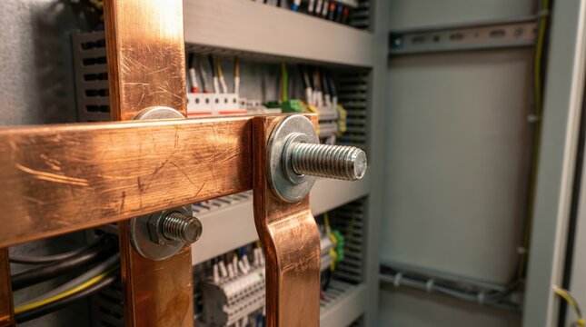 Extreme Close-up of Copper Busbars and Electrical Connections Inside Industrial Power Distribution Cabinet
