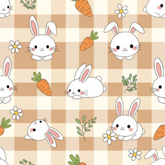 Fototapeta premium Adorable Cartoon Rabbits on Checkered Background.
