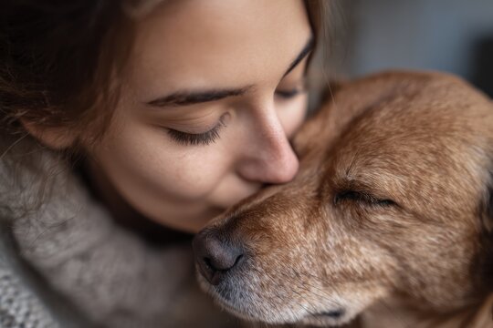 Close up of a young woman leaning in to kiss a calm brown dog with eyes closed capturing affectionate bond soft fur texture and intimate moment indoors