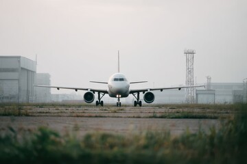 Naklejka premium Editorial image of a parked commercial aircraft viewed from the front on a foggy runway with airport buildings and towers faintly visible in background