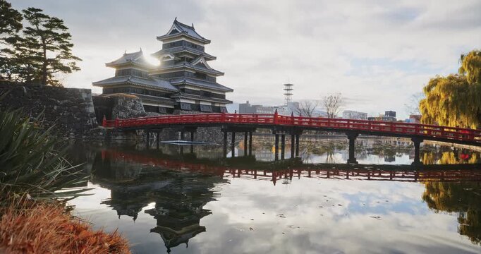 Autumn season around majestic 16th century Matsumoto castle and bridge over pond