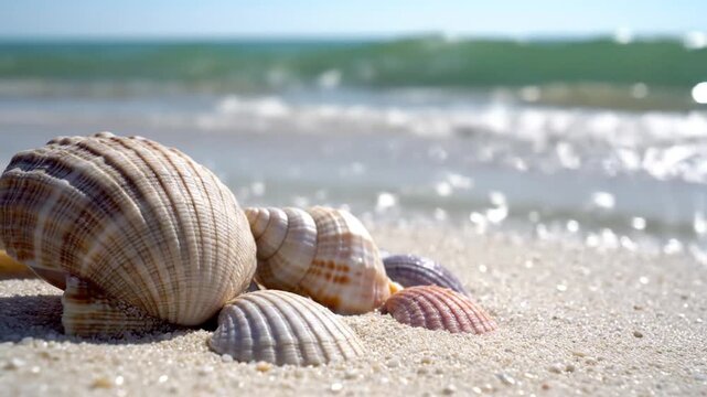 Variety of seashells on sandy beach with ocean waves