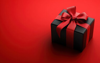 Obraz premium Elegant black gift box with striking red ribbon on red background