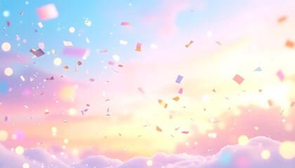 Soft pastel colored background with confetti falling, a serene scene, and a sky full of clouds and light