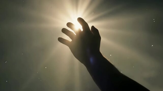 Hand reaching for light background spiritual connection support hope miracle esotericism copy space freedom soul peace divine heaven sky beam ray god prayer help faith belief human person motivation