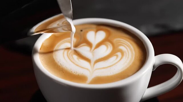 Barista skillfully pouring milk to create beautiful latte art in a white coffee cup