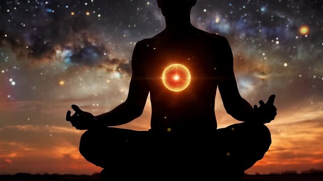 Silhouette of meditating person background spiritual peace wellness mindfulness esotericism copy space soul light enlightenment person sunset sky nebula chakra health relax calm spirit yoga breath