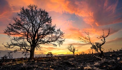 Naklejka premium Dramatic sunset illuminates skeletal trees on charred earth, creating a striking silhouette against a fiery sky