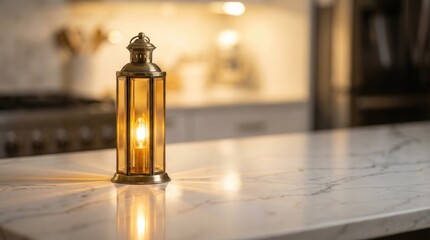 Vintage brass lantern glowing warm light on elegant white marble kitchen countertop, cozy home decor atmosphere