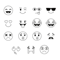 Collection of various emoticon faces and expressions in simple line art style