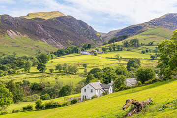 Newlands Valley with Keskadale and High Snab Farms in the English Lake District National Park (UNESCO World Heritage Site), Cumbria, England UK
