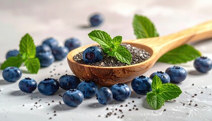 Fresh blueberries and chia seeds with mint leaves on a wooden spoon.