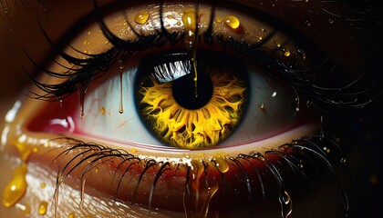 Close up of a human eye with a vibrant golden iris and flowing liquid droplets.