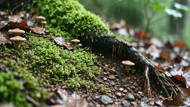Close-up of a lush green fern leaf covered in glistening water droplets after a rain shower in a forest