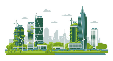 Modern green city skyline with sustainable buildings, wind turbines, and solar panels, illustrating eco-friendly urban development under a bright sky. © UDIN