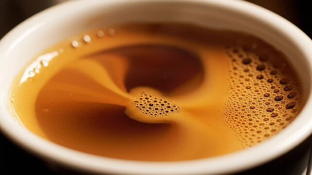 Close-up view of rich espresso with crema swirls in a white cup, capturing the essence of a morning coffee ritual.