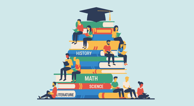 Diverse students sitting and reading on a tall stack of books, wearing graduation caps, symbolizing education, knowledge, and success in a bright studio.