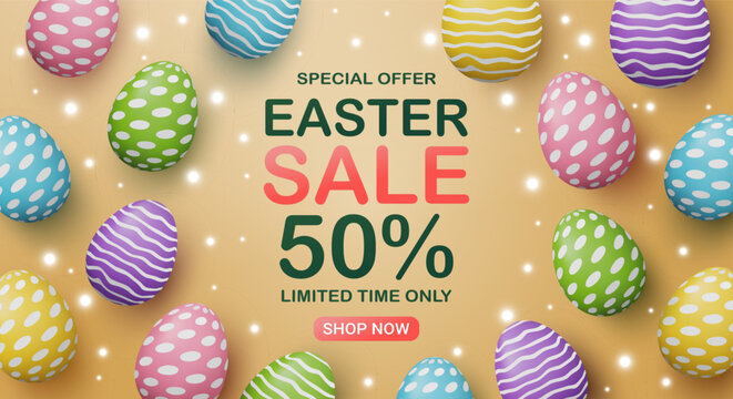 3D vector illustration of top view colorful Easter eggs with polka dots and stripes pattern. Concept for special offer Happy Easter sale 50 percent off discount promotion background template.