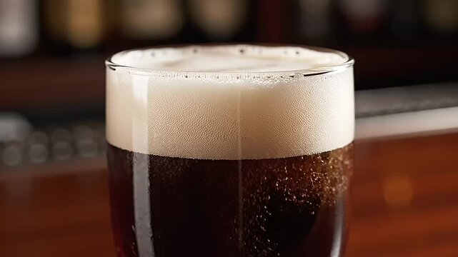 Close up of a tall glass filled with dark, frothy beer on a wooden bar.