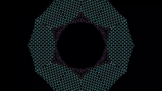 Glowing abstract hexagonal pattern with symmetrical composition on a dramatic black background.