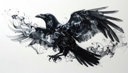 Artistic black raven bird with spreading wings emerging from dark smoke.