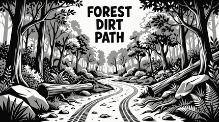 Naklejka premium forest dirt path road landscape nature outdoor travel countryside trail horizon rural environment scenic journey black and white vector illustration
