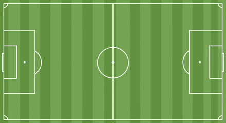 Top-down view of a vibrant green soccer field with white markings, ready for a match. © UDIN