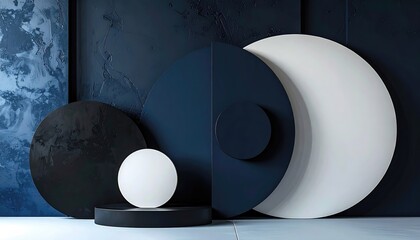 Abstract geometric composition with dark blue black and white circular shapes.