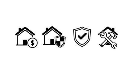 Fototapeta premium Set of four black and white icons representing home finance, security, quality assurance, and repair services for residential properties.