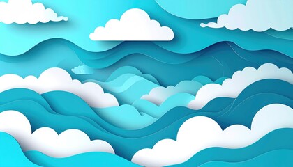 Stylized Layered Blue Ocean Waves and Fluffy White Clouds Background.