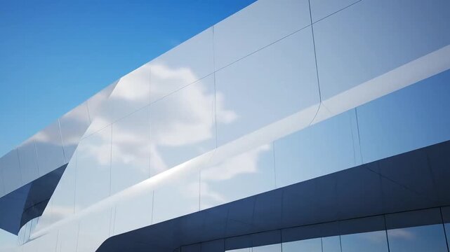 Modern glass building with reflective surface and blue sky