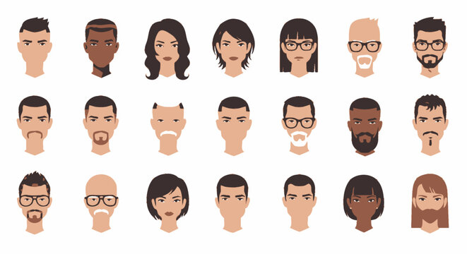 A grid of diverse illustrated human faces with various hairstyles, facial hair, glasses, and expressions, representing different people and emotions in a flat design style.