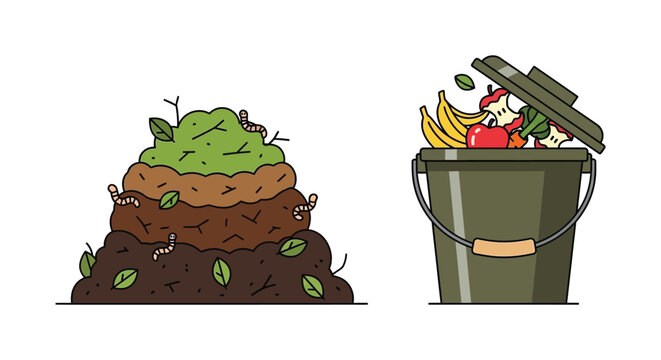 An illustration depicts composting with organic waste a trash can and various fruits presented as a silhouette high quality professional detailed