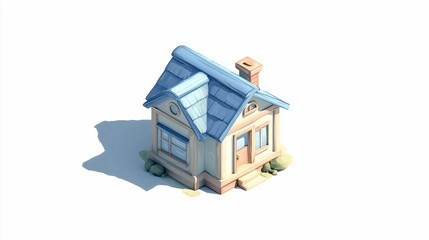 Isometric illustration of a small, charming cottage with a blue roof and a chimney