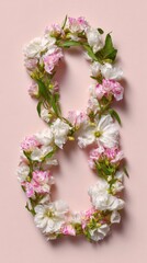 Spring flowers create number 8 shape on pastel background with clean and modern design