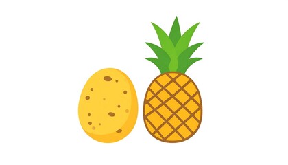 A cartoon illustration on white background depicting a potato and a pineapple. The potato is oval, speckled, and yellow. The pineapple is upright