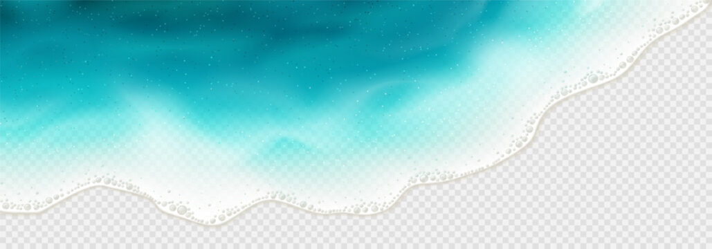 Realistic aerial view of vibrant sea waves. 3d vector illustration with ocean or sea water waves isolated on checkered background. Gradient splashing sea waves with transparency effect. Summer design.