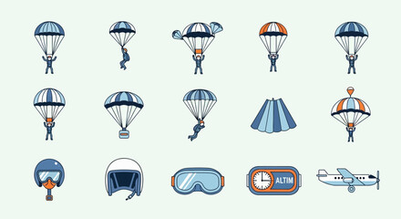 Pixel Art Skydiving Icons Set. Parachute Jumpers Collection