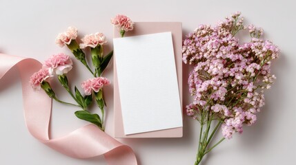 Still life with flowers, ribbon, and blank greeting card on a clean background suitable for Women's Day gifting