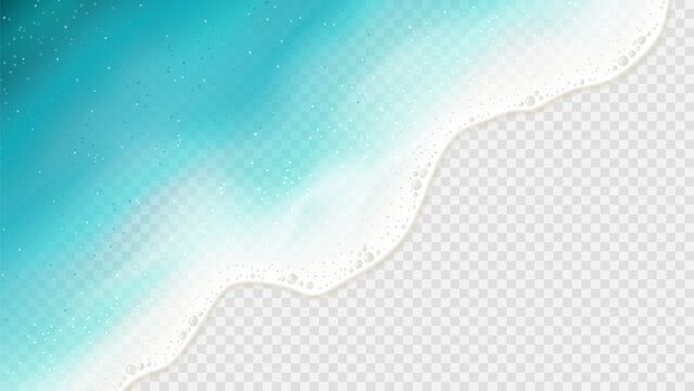 Turquoise sea waves template. 3d vector illustration with top view of ocean or sea water waves isolated on checkered background. Gradient splashing sea waves with transparency effect. Summer design.